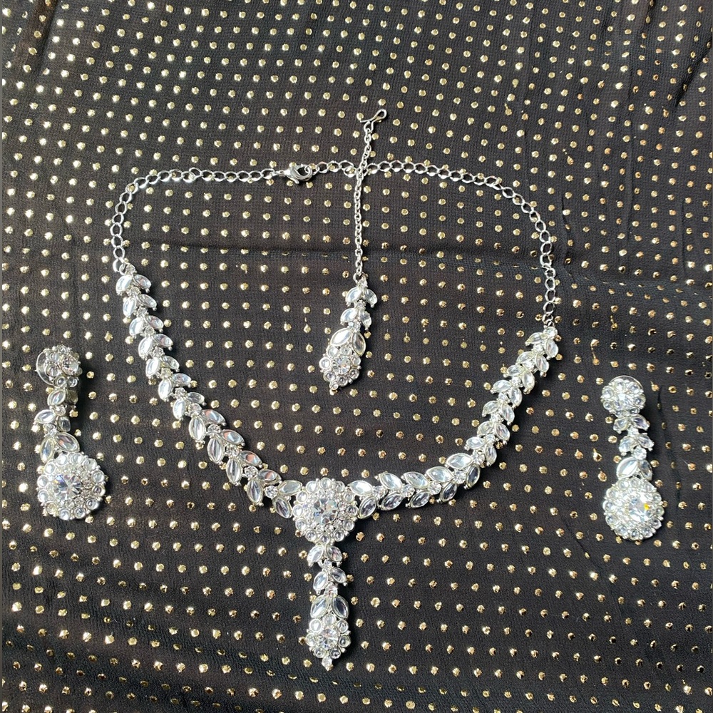 Silver and Crystal Stones Indian Costume Jewelry Set